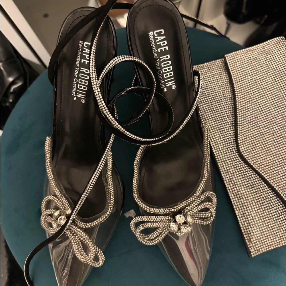 Cape Robbin Clear and Silver Crystal-Trim Pointed Slingback Heels